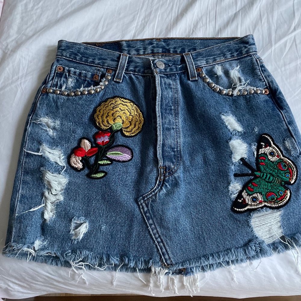Levi's Blue Denim Floral Butterfly Embroidered Studded Distressed Mini Skirt